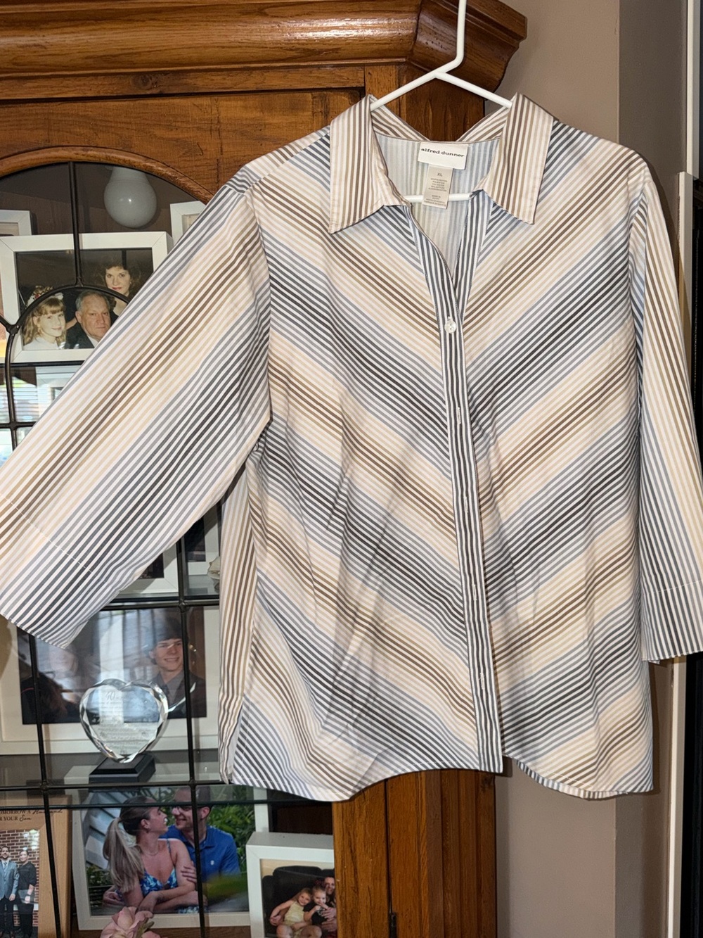 NWOT Alfred Dunner Diagonal Stripe Button-Down Top in White Brown and Gray